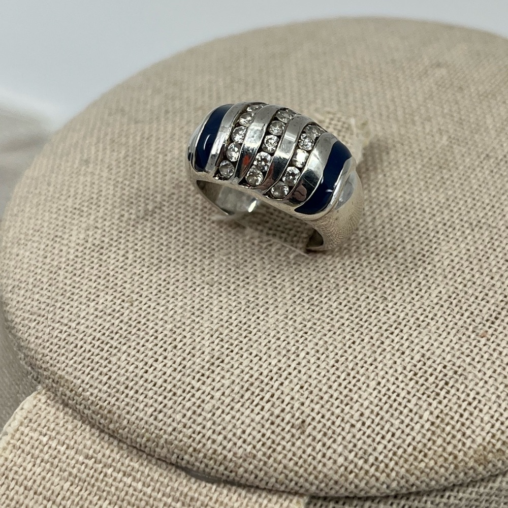 Vintage Sterling Silver Wide Band Ring with Enamel & CZ Accents Size 4.75 - Picture 5 of 16